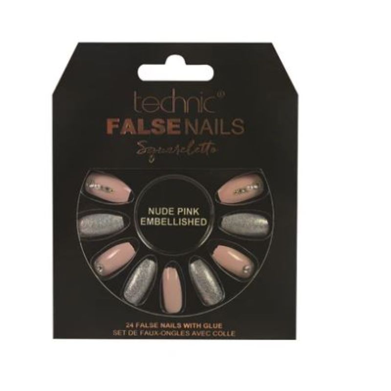 Technic Bq Tech False Nails - Squareletto, Nude Pink Embellished