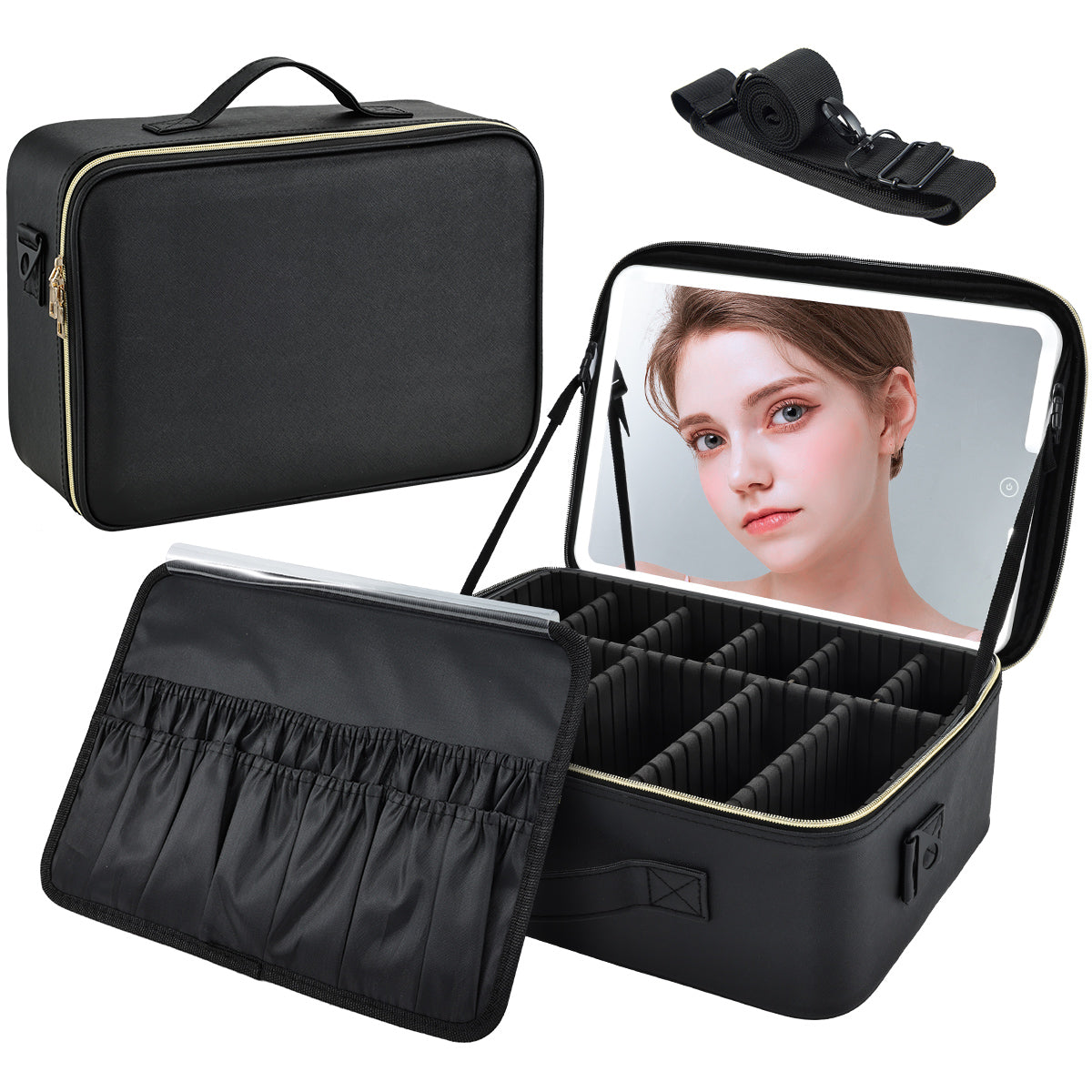 Big Makeup Case Black with LED Mirror (L)
