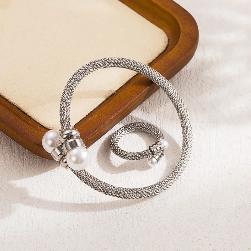 Frida Round Inlay Pearl Bracelet+Ring