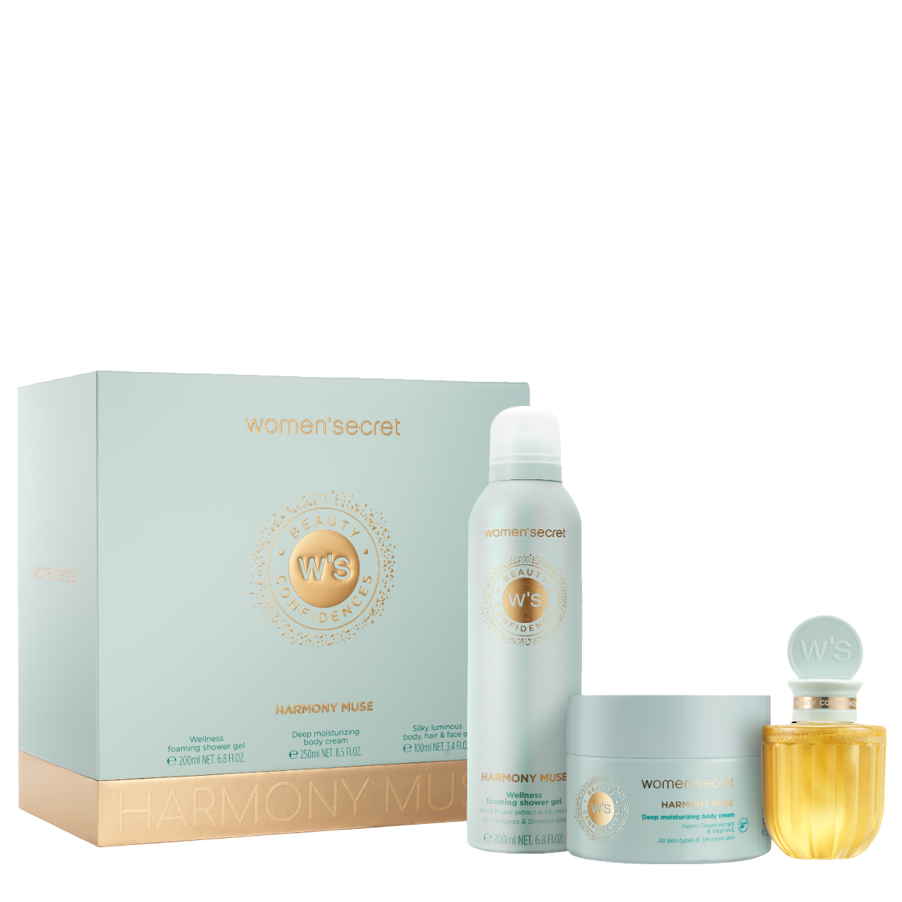 Women Secret Beauty Gift Set Harmony Muse F.Gel , B.Cream & B.Oil